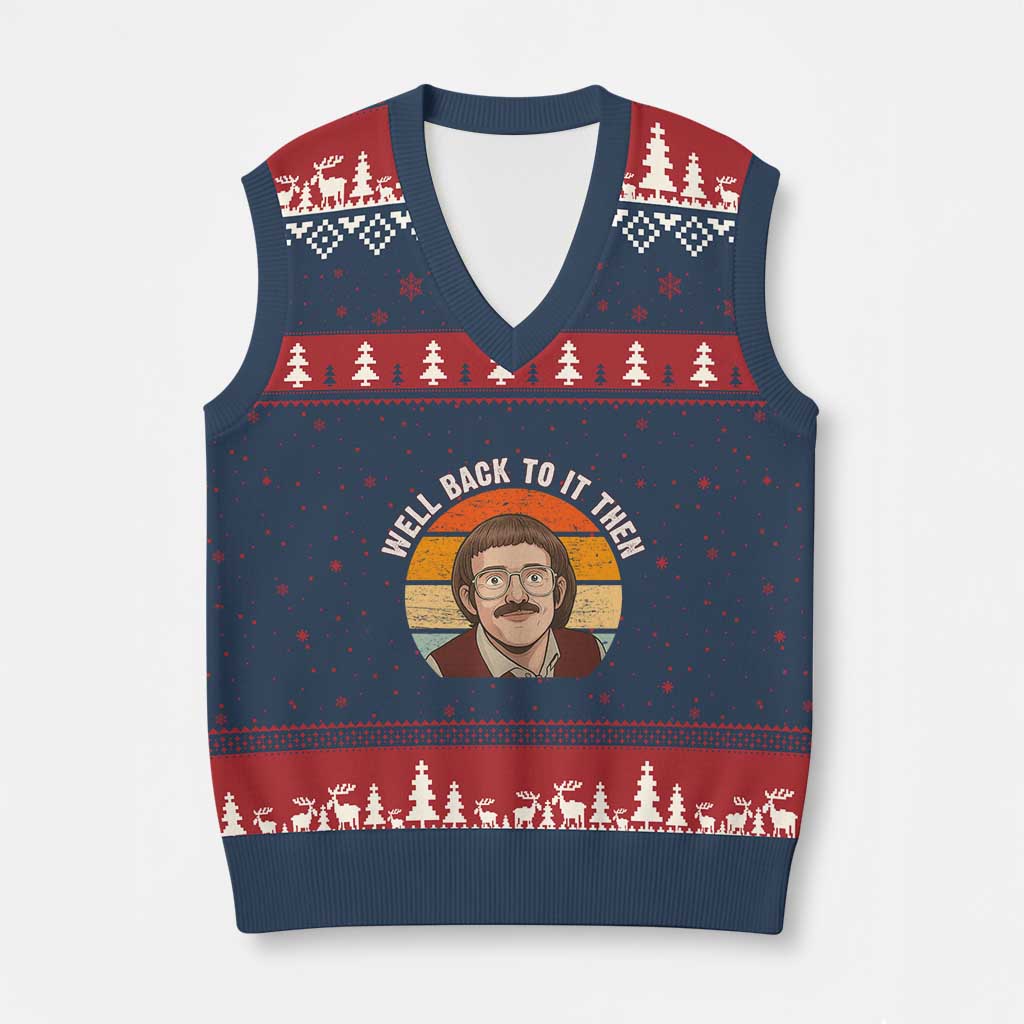 Retro Well Back To It Then V-Neck Knit Sweater Vest Funny Office Joke Vintage Mustache Guy Meme TS02 Navy Red Print Your Wear