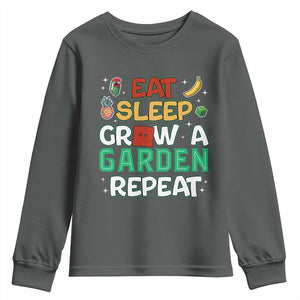 Eat Sleep Grow a Garden Repeat Youth Sweatshirt Funny Gamer-Inspired Gardening Gift for Plant Lovers TS02 Dark Heather Print Your Wear