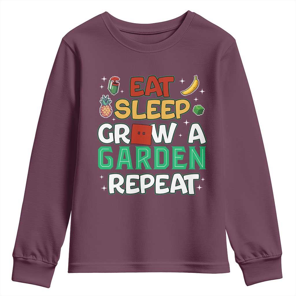 Eat Sleep Grow a Garden Repeat Youth Sweatshirt Funny Gamer-Inspired Gardening Gift for Plant Lovers TS02 Maroon Print Your Wear