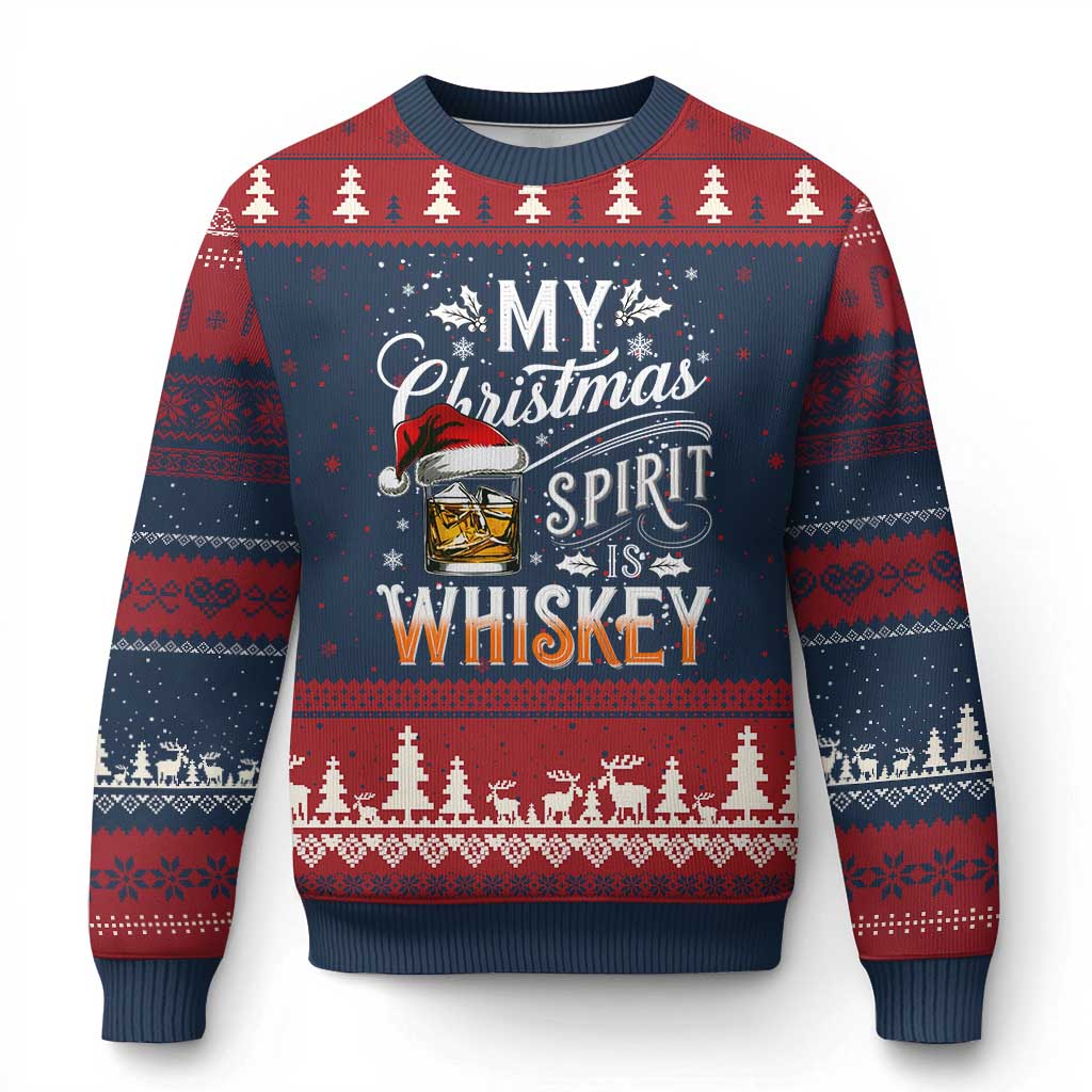 Funny My Christmas Spirit Is Whiskey Ugly Christmas Sweater Holiday Drinking Festive Spirit TS02 Navy Red Print Your Wear