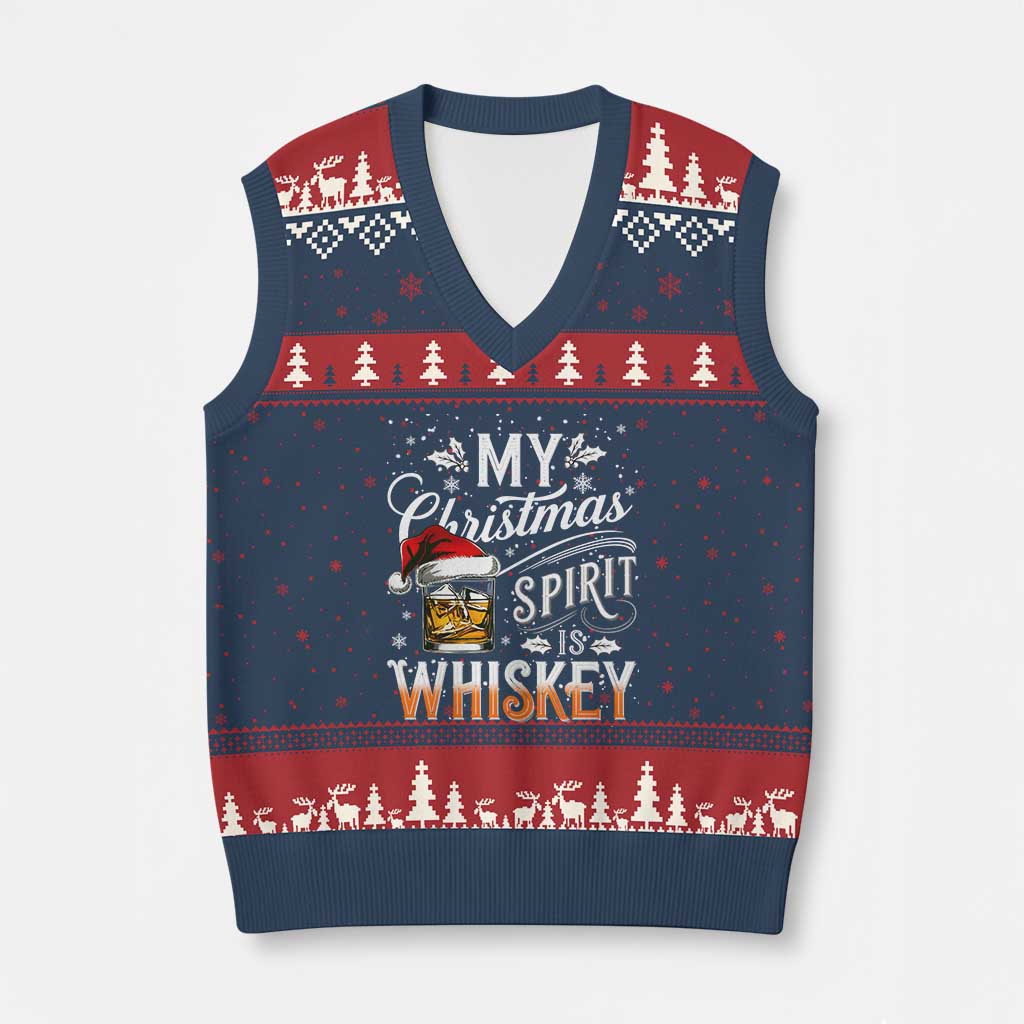 Funny My Christmas Spirit Is Whiskey V-Neck Knit Sweater Vest Holiday Drinking Festive Spirit TS02 Navy Red Print Your Wear