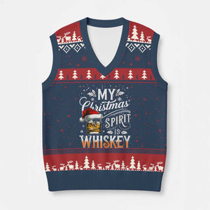 Funny My Christmas Spirit Is Whiskey V-Neck Knit Sweater Vest Holiday Drinking Festive Spirit TS02 Navy Red Print Your Wear