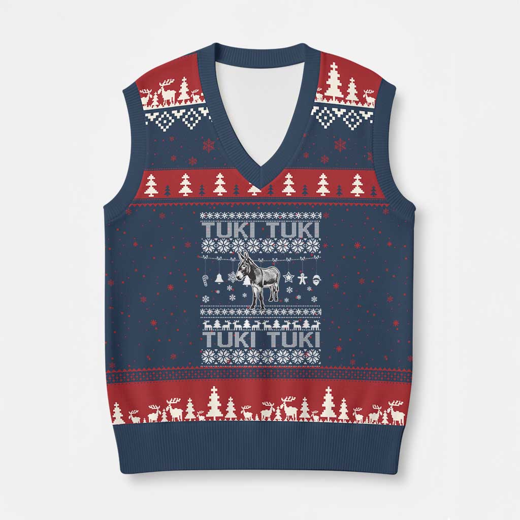 Latin American Xmas V-Neck Knit Sweater Vest Tuki Tuki Mi Burrito Latino Ugly Xmas TS02 Navy Red Print Your Wear