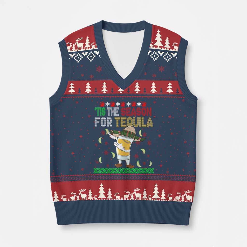 Mexican Xmas V-Neck Knit Sweater Vest Tis The Season For Tequila Dabbing Alcohol Lover TS02 Navy Red Print Your Wear
