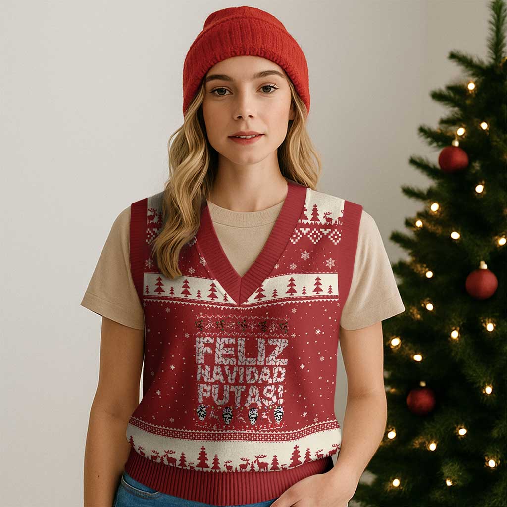 Mexican Xmas V-Neck Knit Sweater Vest Feliz Navidad Putas Funny Mexican Ugly Xmas Party TS02 Red Beige Print Your Wear