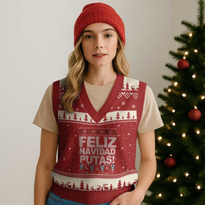 Mexican Xmas V-Neck Knit Sweater Vest Feliz Navidad Putas Funny Mexican Ugly Xmas Party TS02 Red Beige Print Your Wear