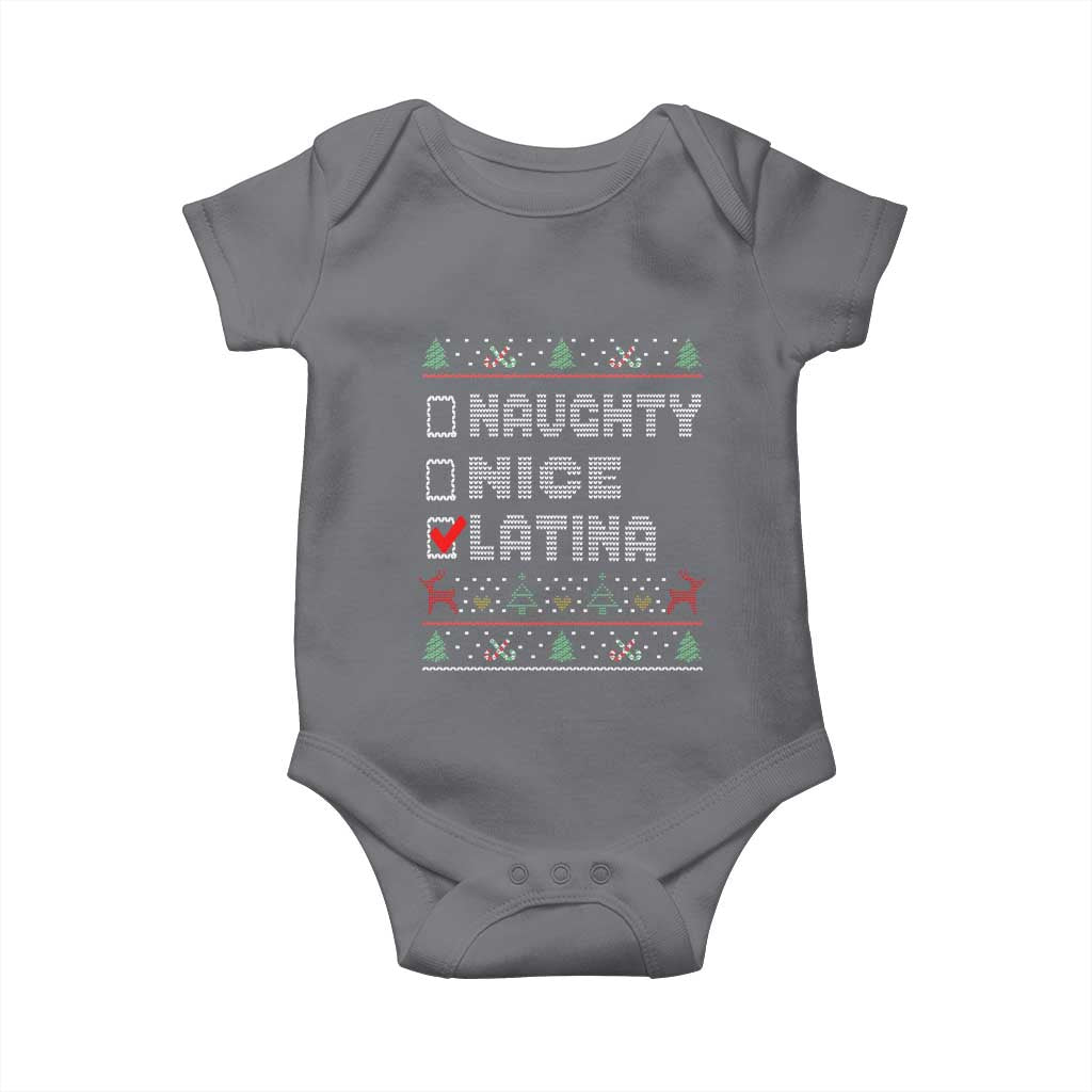 Latin American Christmas Baby Onesie Naughty Nice Latina Funny Xmas List Hispanic Ugly Sweater TS02 Charcoal Print Your Wear