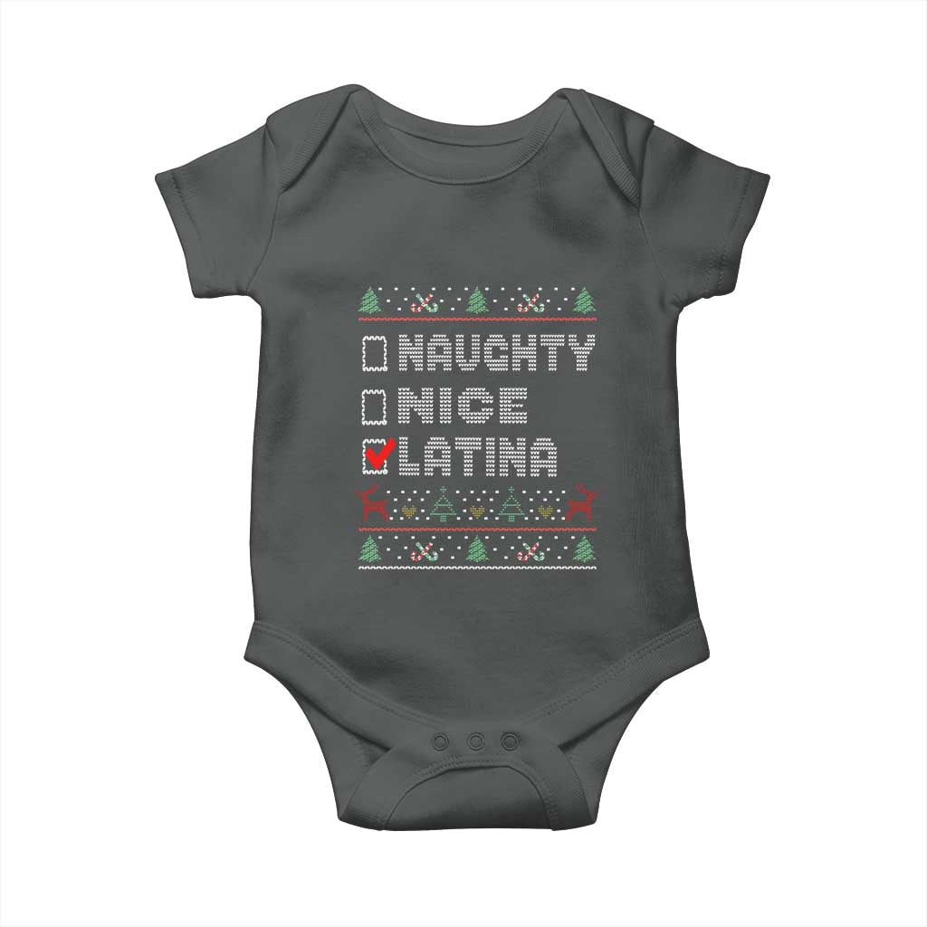 Latin American Christmas Baby Onesie Naughty Nice Latina Funny Xmas List Hispanic Ugly Sweater TS02 Dark Heather Print Your Wear