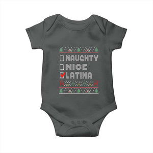 Latin American Christmas Baby Onesie Naughty Nice Latina Funny Xmas List Hispanic Ugly Sweater TS02 Dark Heather Print Your Wear