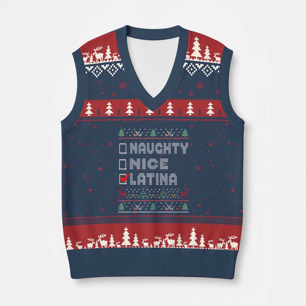 Latin American Xmas V-Neck Knit Sweater Vest Naughty Nice Latina Funny Xmas List Hispanic Ugly Sweater TS02 Navy Red Print Your Wear