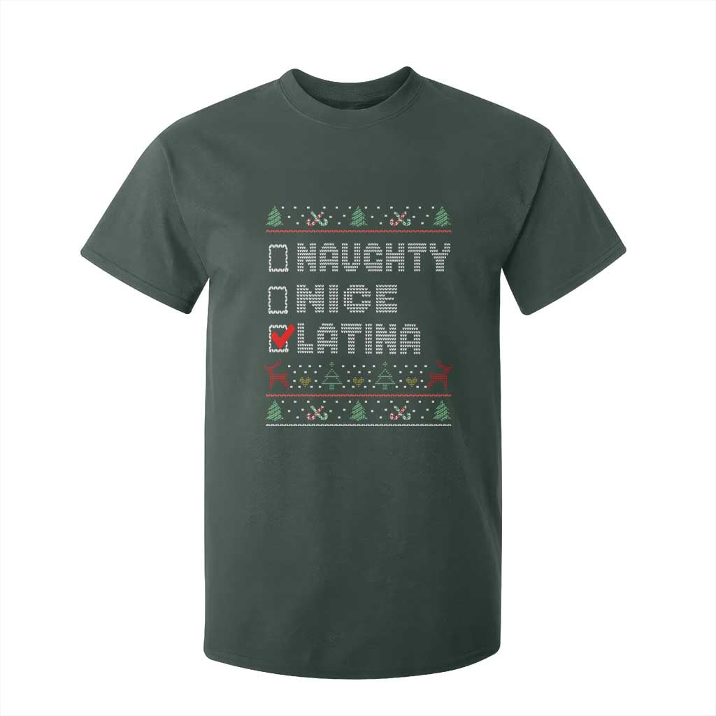 Latin American Christmas T Shirt For Kid Naughty Nice Latina Funny Xmas List Hispanic Ugly Sweater TS02 Dark Forest Green Print Your Wear