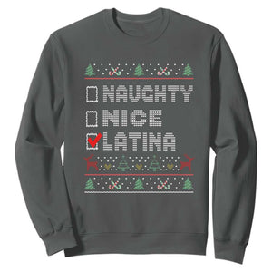 Latin American Christmas Sweatshirt Naughty Nice Latina Funny Xmas List Hispanic Ugly Sweater TS02 Dark Heather Print Your Wear