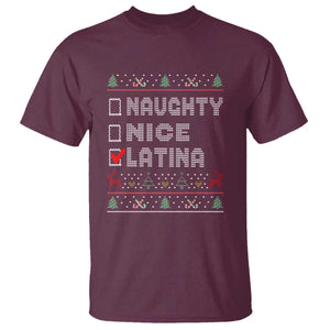 Latin American Christmas T Shirt Naughty Nice Latina Funny Xmas List Hispanic Ugly Sweater TS02 Maroon Print Your Wear