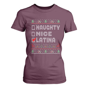Latin American Christmas T Shirt For Women Naughty Nice Latina Funny Xmas List Hispanic Ugly Sweater TS02 Maroon Print Your Wear