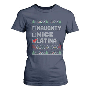 Latin American Christmas T Shirt For Women Naughty Nice Latina Funny Xmas List Hispanic Ugly Sweater TS02 Navy Print Your Wear
