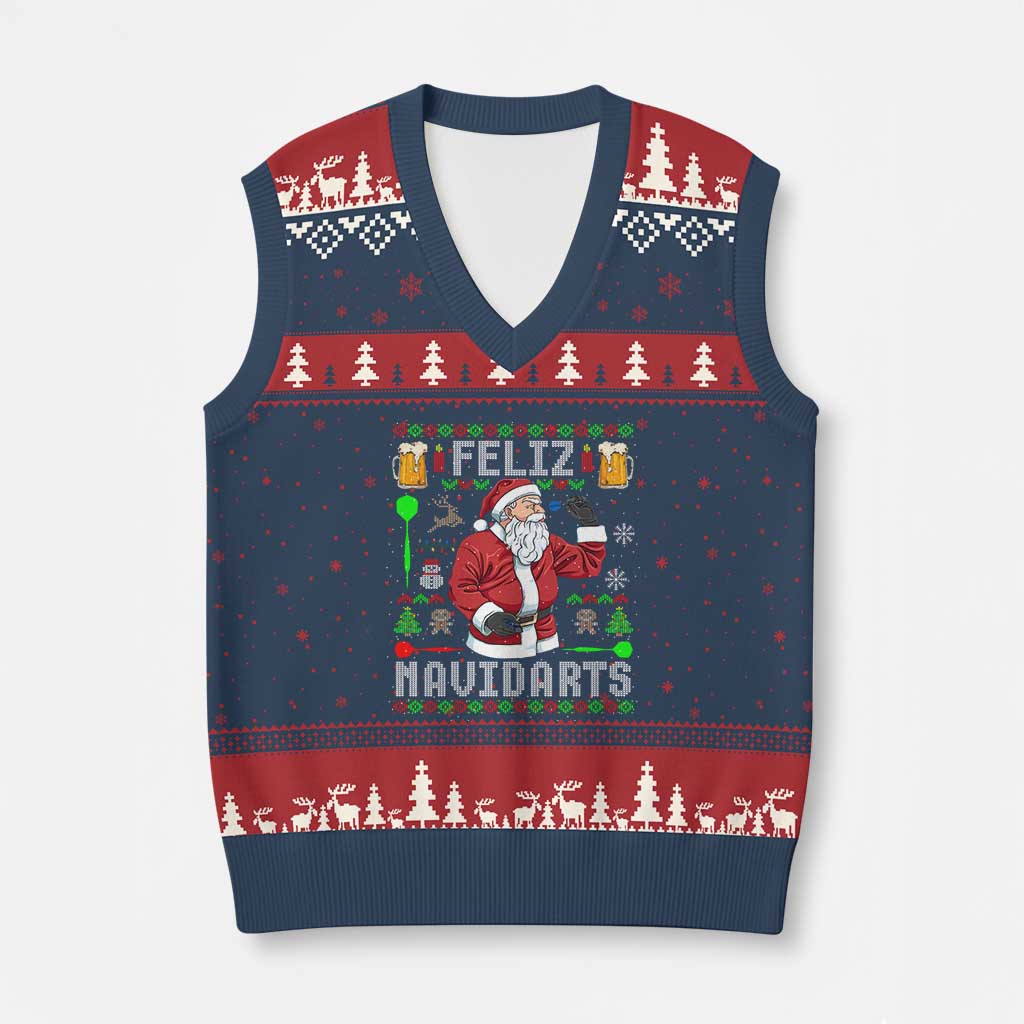 Xmas Dart Lover V-Neck Knit Sweater Vest Feliz Navidarts Santa Navidad Ugly Sweater TS02 Navy Red Print Your Wear