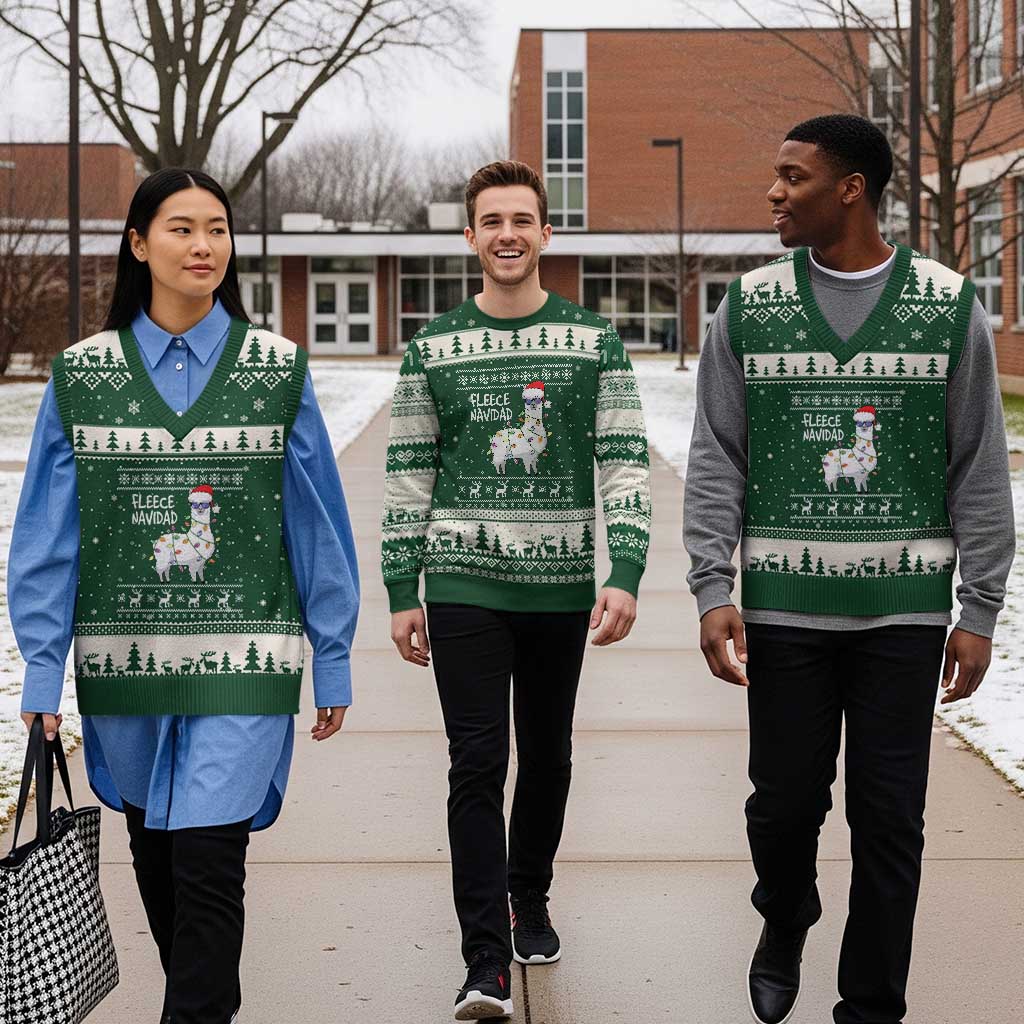 Funny Llama Xmas V-Neck Knit Sweater Vest Fleece Navidad Feliz Merry Xmas Ugly Sweater TS02 Forest Green Beige Print Your Wear