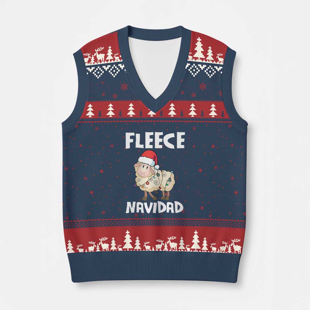 Funny Xmas Sheep V-Neck Knit Sweater Vest Fleece Navidad Feliz Spanish Merry Xmas TS02 Navy Red Print Your Wear