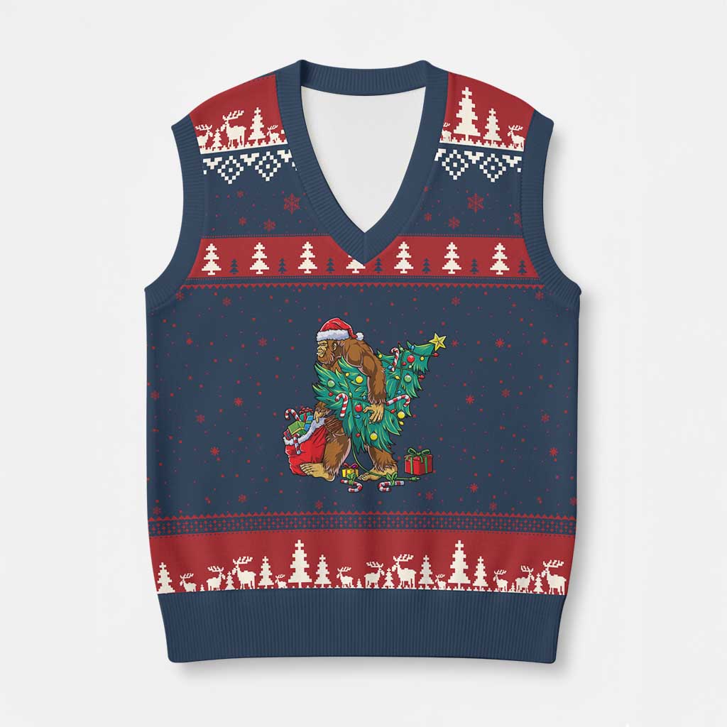 Bigfoot Xmas Tree V-Neck Knit Sweater Vest Xmas Lights Sasquatch Lovers TS02 Navy Red Print Your Wear