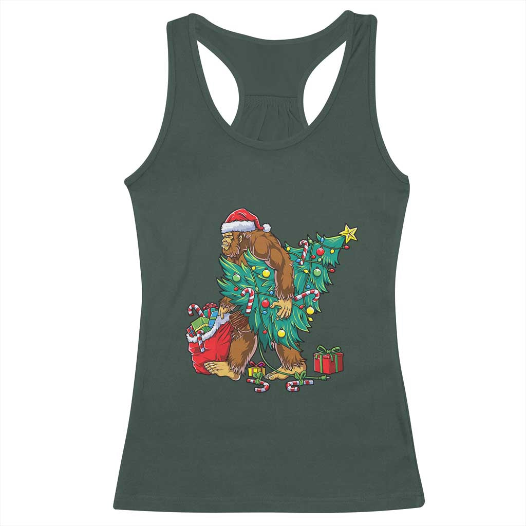 Bigfoot Christmas Tree Racerback Tank Top Xmas Lights Sasquatch Lovers TS02 Dark Forest Green Print Your Wear