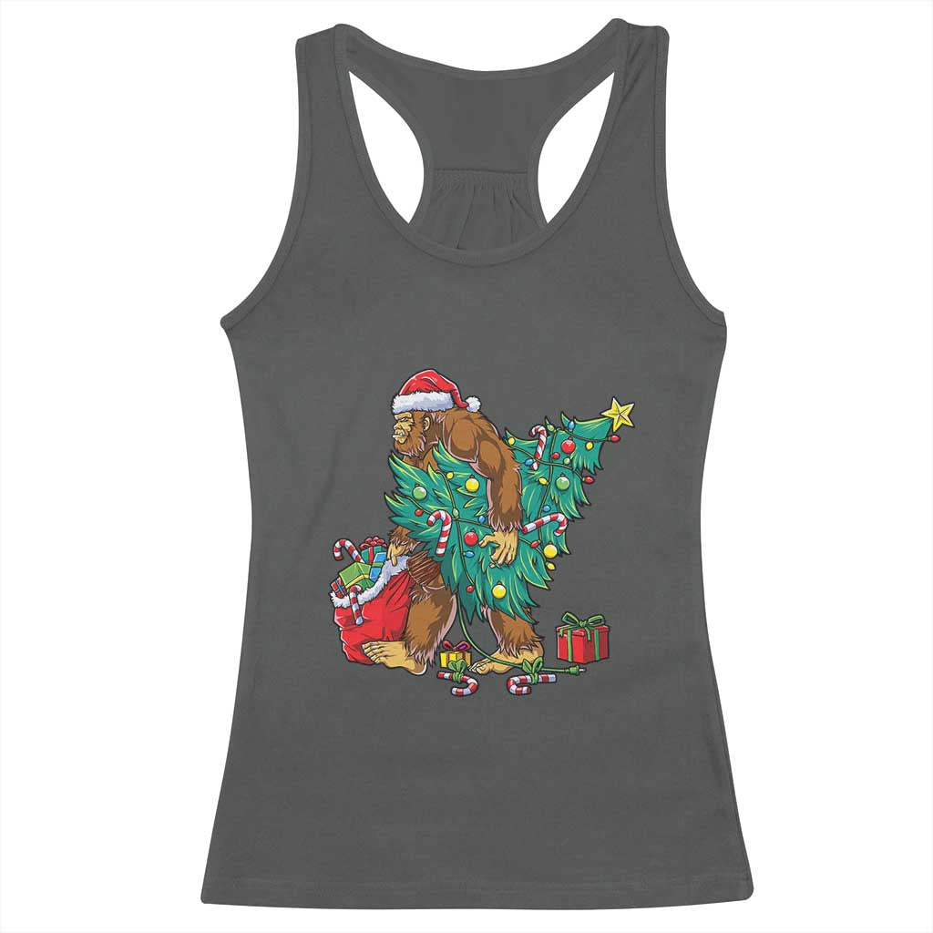 Bigfoot Christmas Tree Racerback Tank Top Xmas Lights Sasquatch Lovers TS02 Dark Heather Print Your Wear