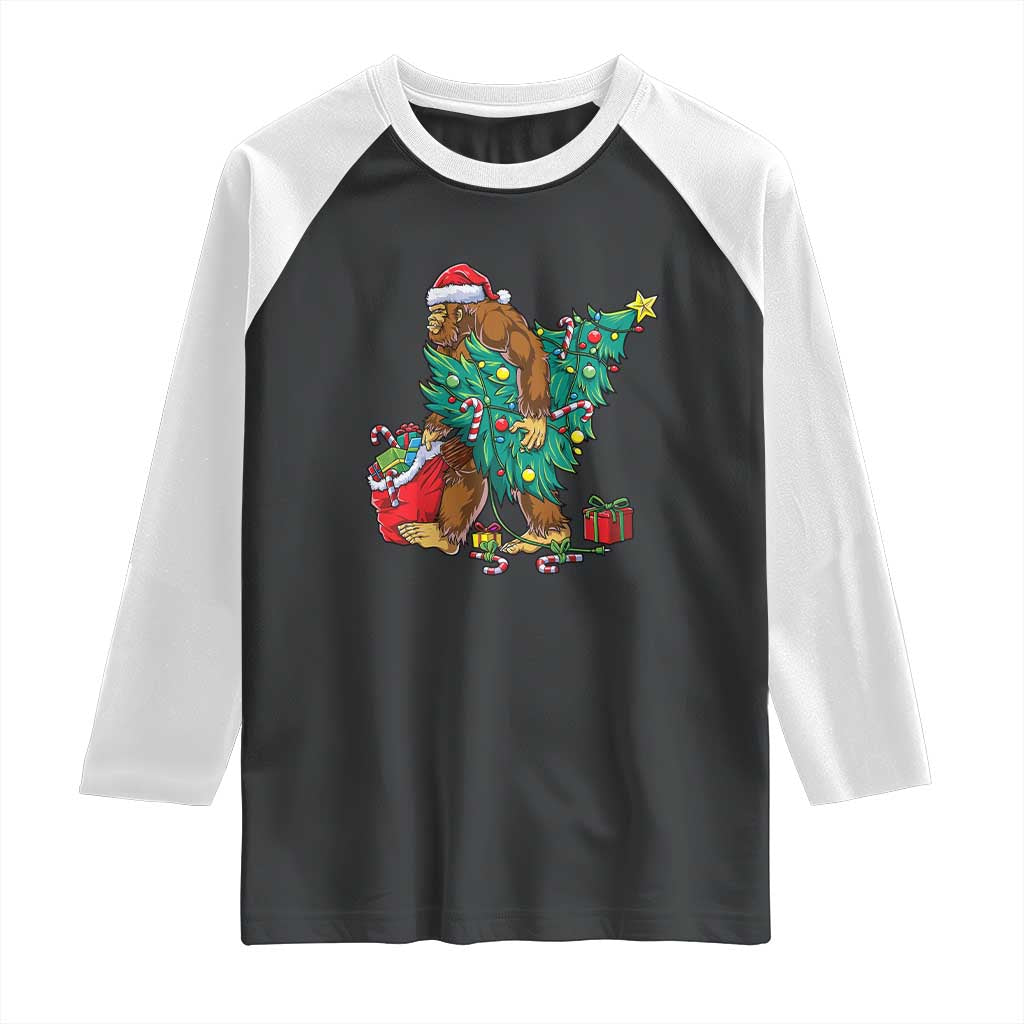 Bigfoot Christmas Tree Raglan Shirt Xmas Lights Sasquatch Lovers TS02 Black White Print Your Wear