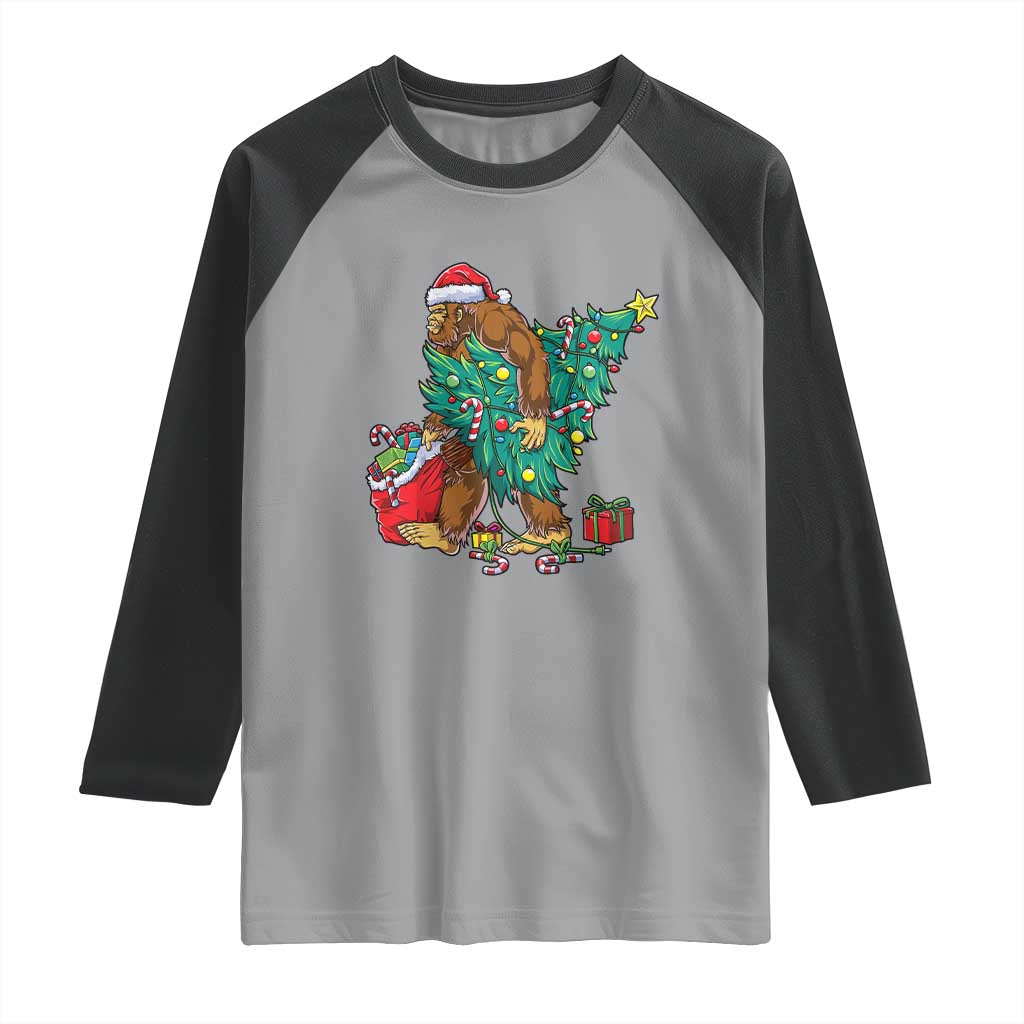 Bigfoot Christmas Tree Raglan Shirt Xmas Lights Sasquatch Lovers TS02 Sport Gray Black Print Your Wear
