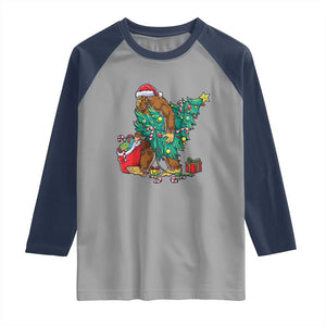 Bigfoot Christmas Tree Raglan Shirt Xmas Lights Sasquatch Lovers TS02 Sport Gray Navy Print Your Wear