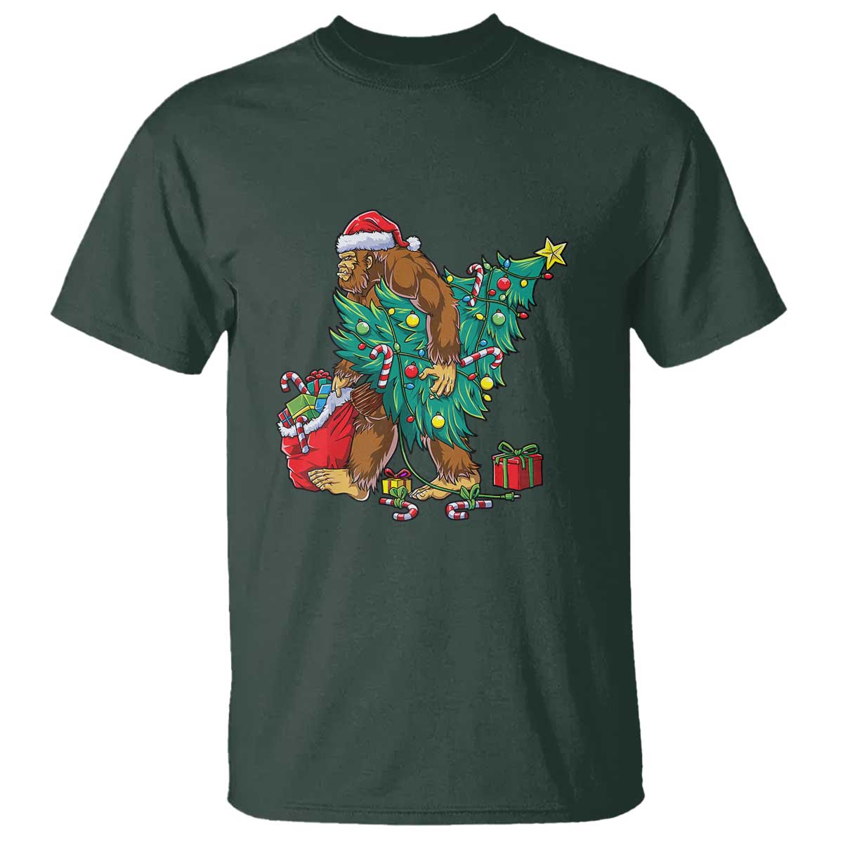 Bigfoot Christmas Tree T Shirt Xmas Lights Sasquatch Lovers TS02 Dark Forest Green Print Your Wear