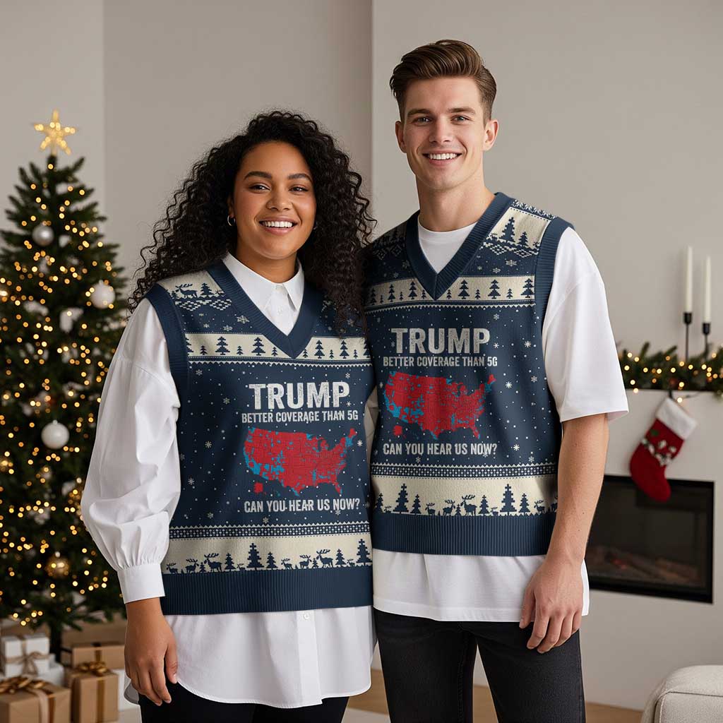 Trump Won Better Coverage Than 5G V-Neck Knit Sweater Vest Can You Hear Us Now American TS02 Navy Beige Print Your Wear