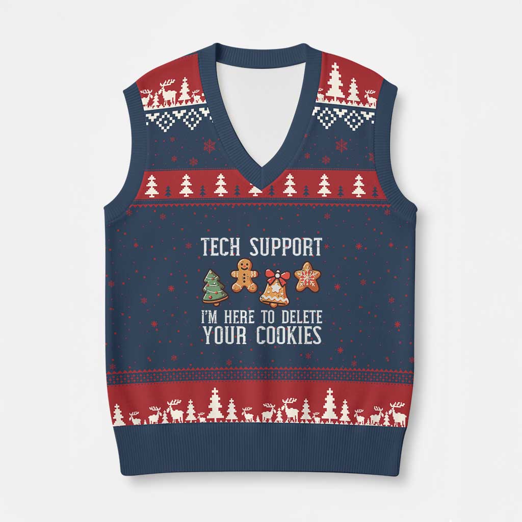 Funny Xmas Tech Support V-Neck Knit Sweater Vest Here To Delete Cookies Festive Xmas TS02 Navy Red Print Your Wear