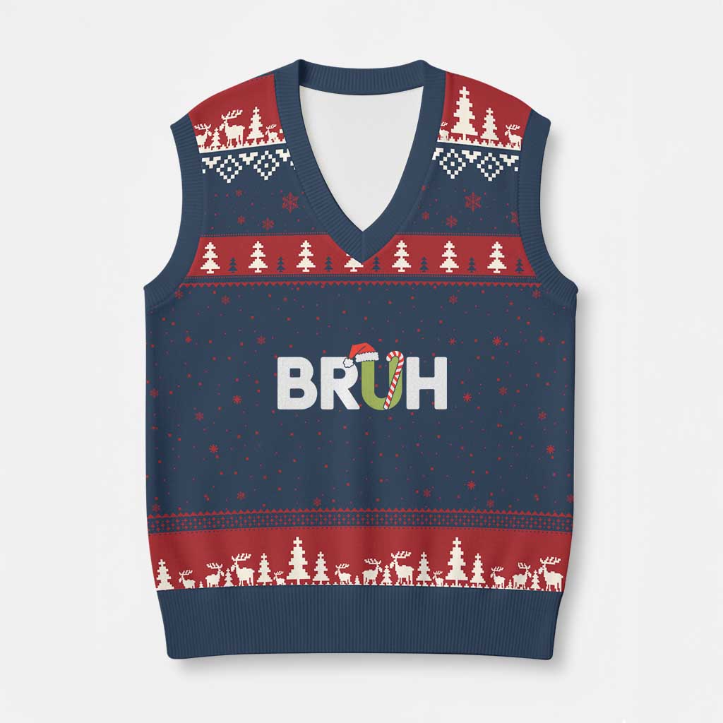 Funny Xmas Bruh V-Neck Knit Sweater Vest Candy Cane Santa Hat Festive Xmas Matching TS02 Navy Red Print Your Wear