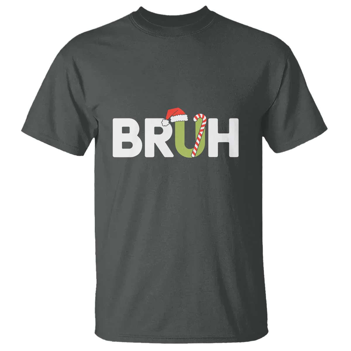 Funny Christmas Bruh T Shirt Candy Cane Santa Hat Festive Xmas Matching TS02 Dark Heather Print Your Wear