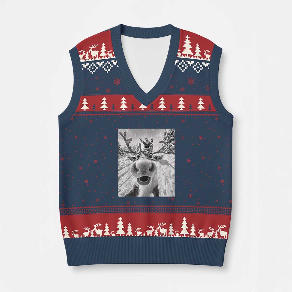 Funny Xmas Reindeer Selfie V-Neck Knit Sweater Vest With Santa Xmas Gag Gift TS02 Navy Red Print Your Wear