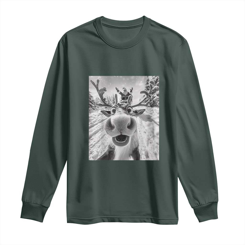 Funny Christmas Reindeer Selfie Long Sleeve Shirt With Santa Xmas Gag Gift TS02 Dark Forest Green Print Your Wear