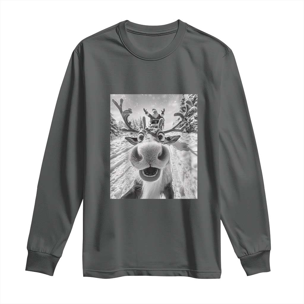 Funny Christmas Reindeer Selfie Long Sleeve Shirt With Santa Xmas Gag Gift TS02 Dark Heather Print Your Wear