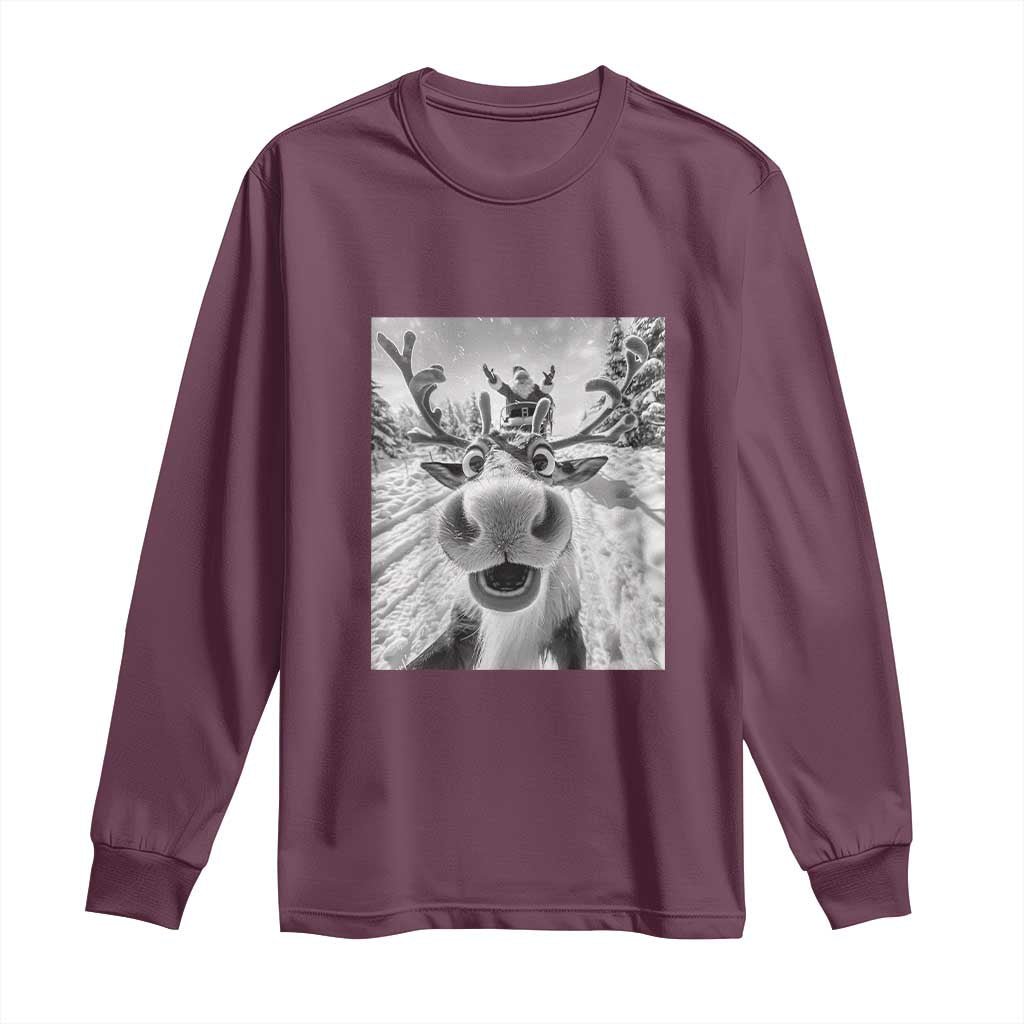 Funny Christmas Reindeer Selfie Long Sleeve Shirt With Santa Xmas Gag Gift TS02 Maroon Print Your Wear