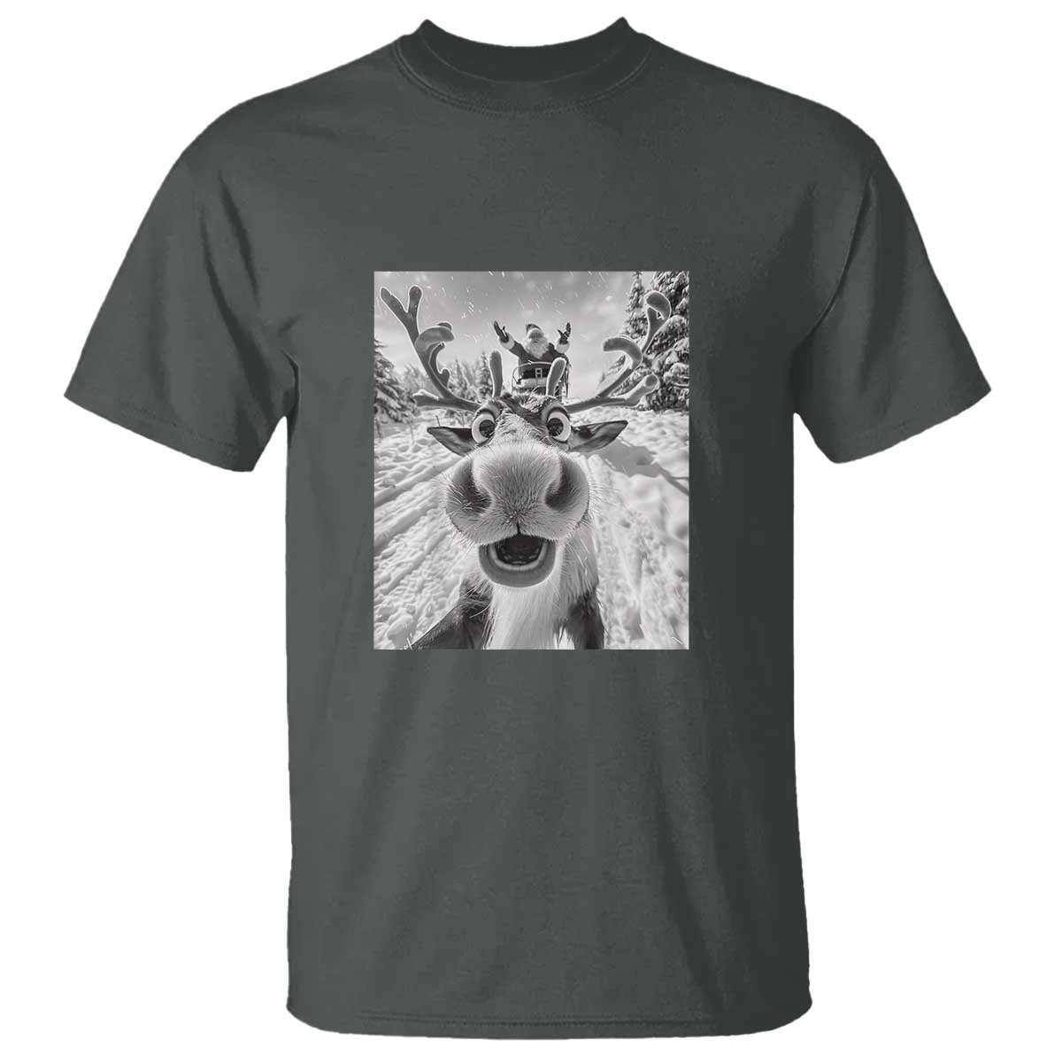 Funny Christmas Reindeer Selfie T Shirt With Santa Xmas Gag Gift TS02 Dark Heather Print Your Wear