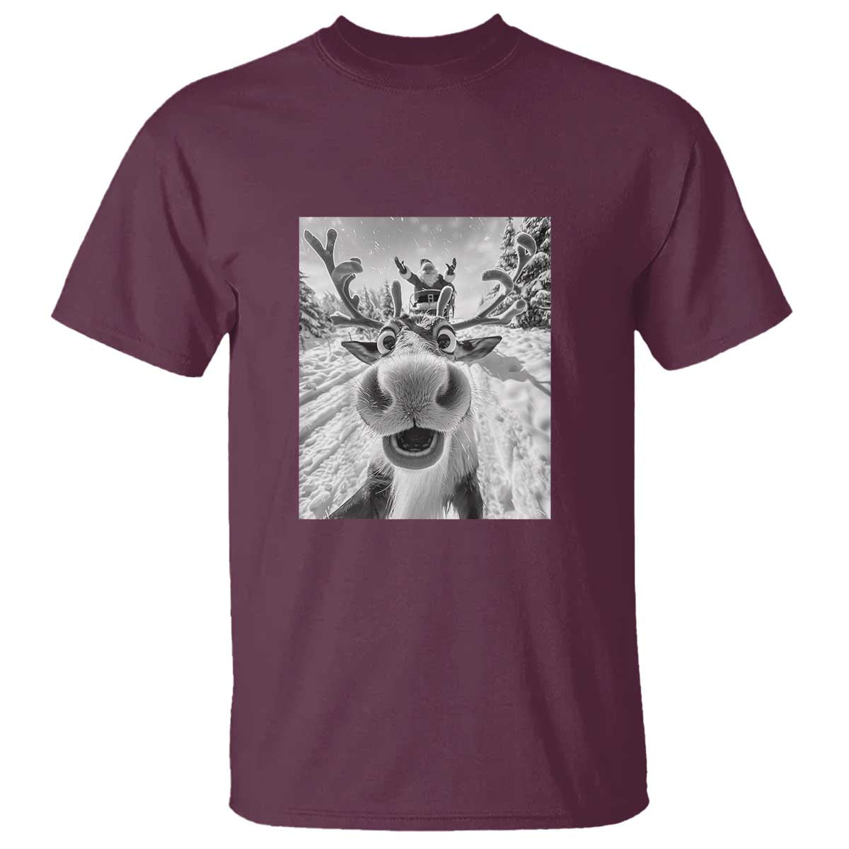 Funny Christmas Reindeer Selfie T Shirt With Santa Xmas Gag Gift TS02 Maroon Print Your Wear