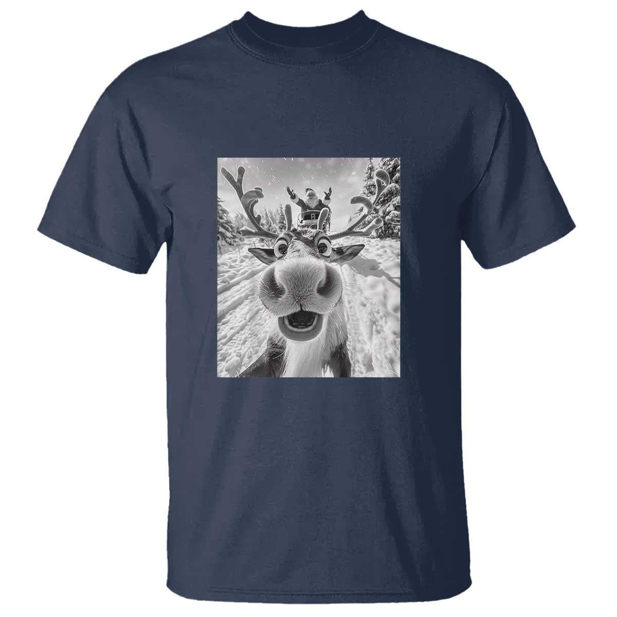 Funny Christmas Reindeer Selfie T Shirt With Santa Xmas Gag Gift TS02 Navy Print Your Wear