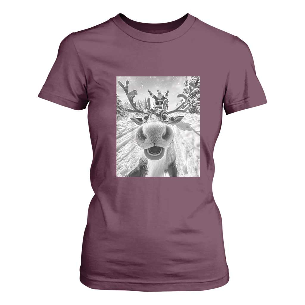 Funny Christmas Reindeer Selfie T Shirt For Women With Santa Xmas Gag Gift TS02 Maroon Print Your Wear