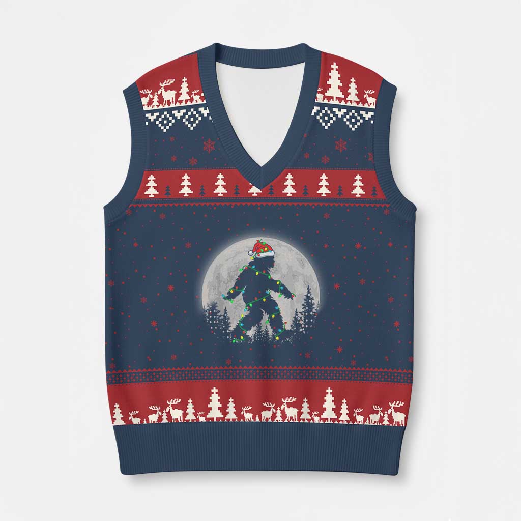 Xmas Bigfoot V-Neck Knit Sweater Vest Sasquatch with Santa Hat Xmas Tree Lights TS02 Navy Red Print Your Wear