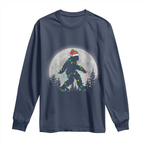 Christmas Bigfoot Long Sleeve Shirt Sasquatch with Santa Hat Xmas Tree Lights TS02 Navy Print Your Wear