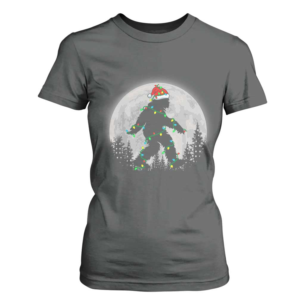 Christmas Bigfoot T Shirt For Women Sasquatch with Santa Hat Xmas Tree Lights TS02 Dark Heather Print Your Wear