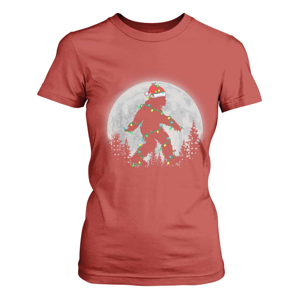 Christmas Bigfoot T Shirt For Women Sasquatch with Santa Hat Xmas Tree Lights TS02 Red Print Your Wear