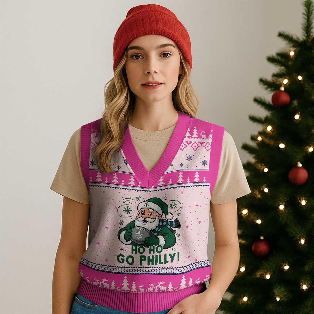 Funny Green Santa Ho Ho Go Philly V-Neck Knit Sweater Vest Retro Nostalgic Philadelphia Pride Christmas Gift TS02 Hot Pink Print Your Wear