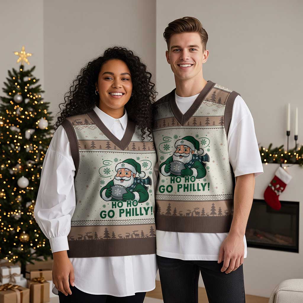 Funny Green Santa Ho Ho Go Philly V-Neck Knit Sweater Vest Retro Nostalgic Philadelphia Pride Christmas Gift TS02 Mocha Mousse Print Your Wear