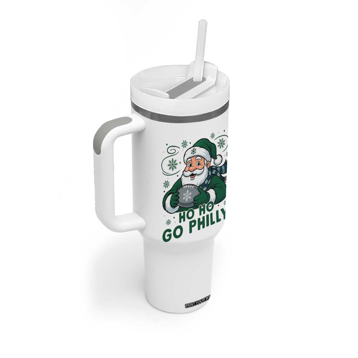 Funny Green Santa Ho Ho Go Philly Tumbler With Handle Retro Nostalgic Philadelphia Pride Christmas Gift TS02 Print Your Wear