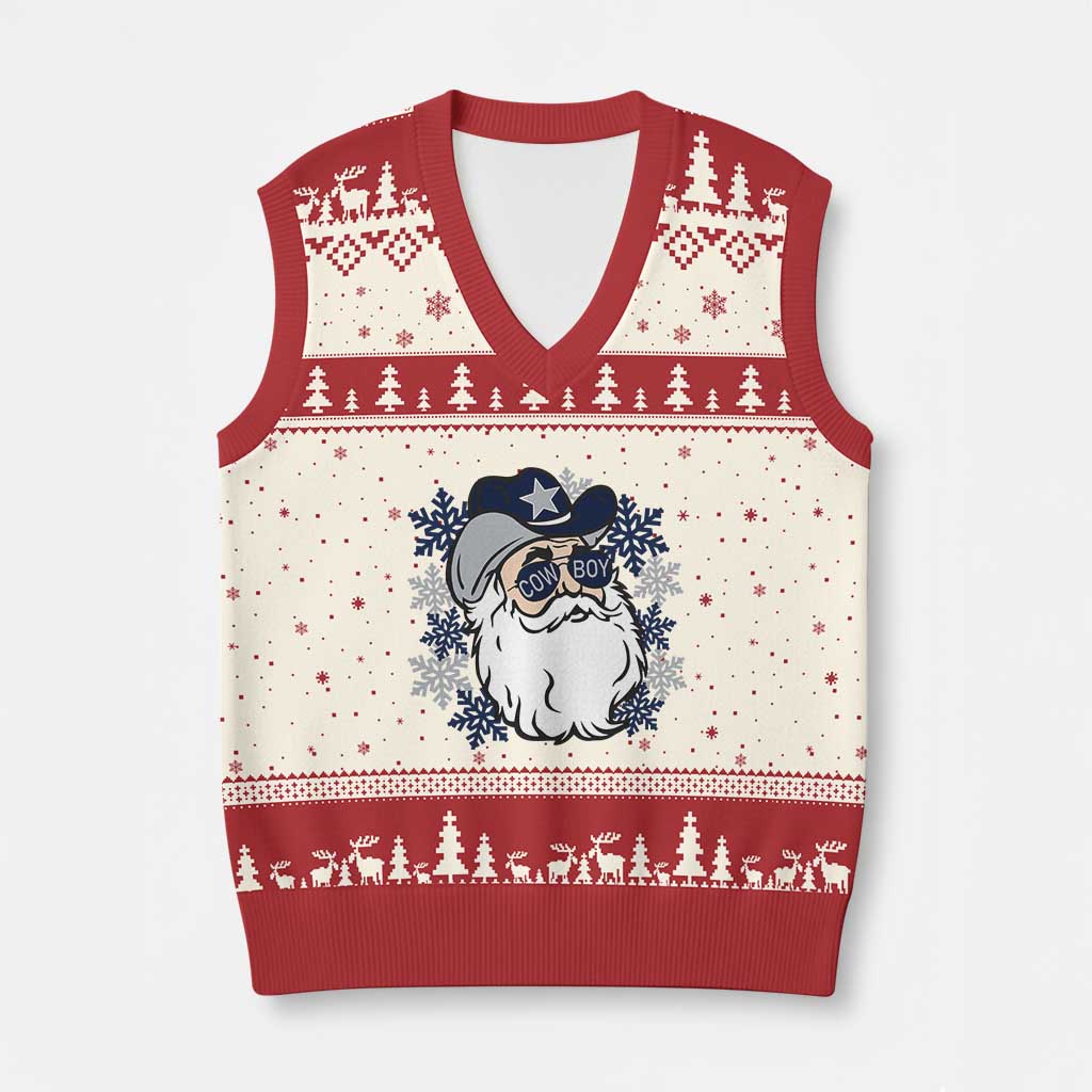 Western Cowboy Santa Christmas V-Neck Knit Sweater Vest Cool Retro Nostalgic Xmas Gift TS02 Beige Red Print Your Wear