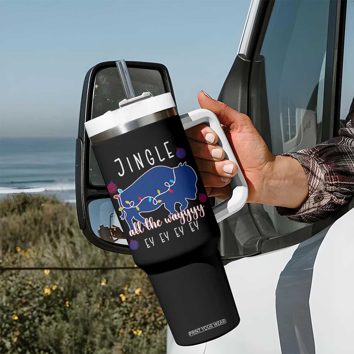 Buffalo Christmas Jingle All the Way Ey Tumbler With Handle Xmas Lights Funny Holiday Gift TS02 Print Your Wear